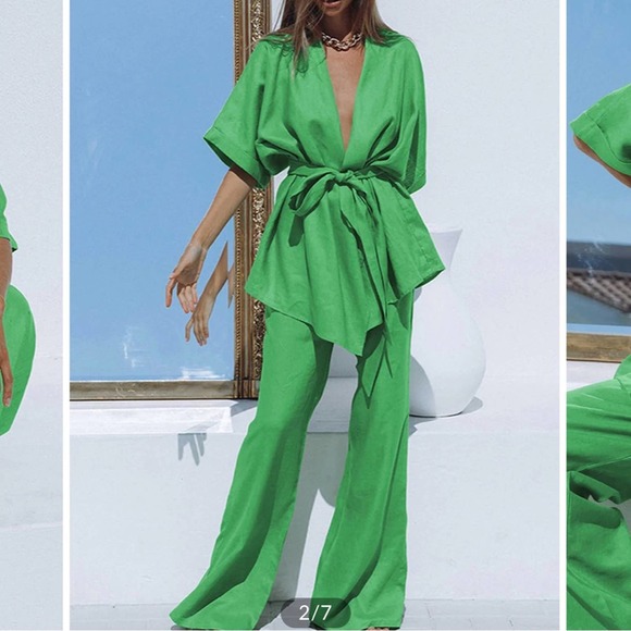 Oversized Linen Tied Two Piece Pants Set - Picture 2 of 7